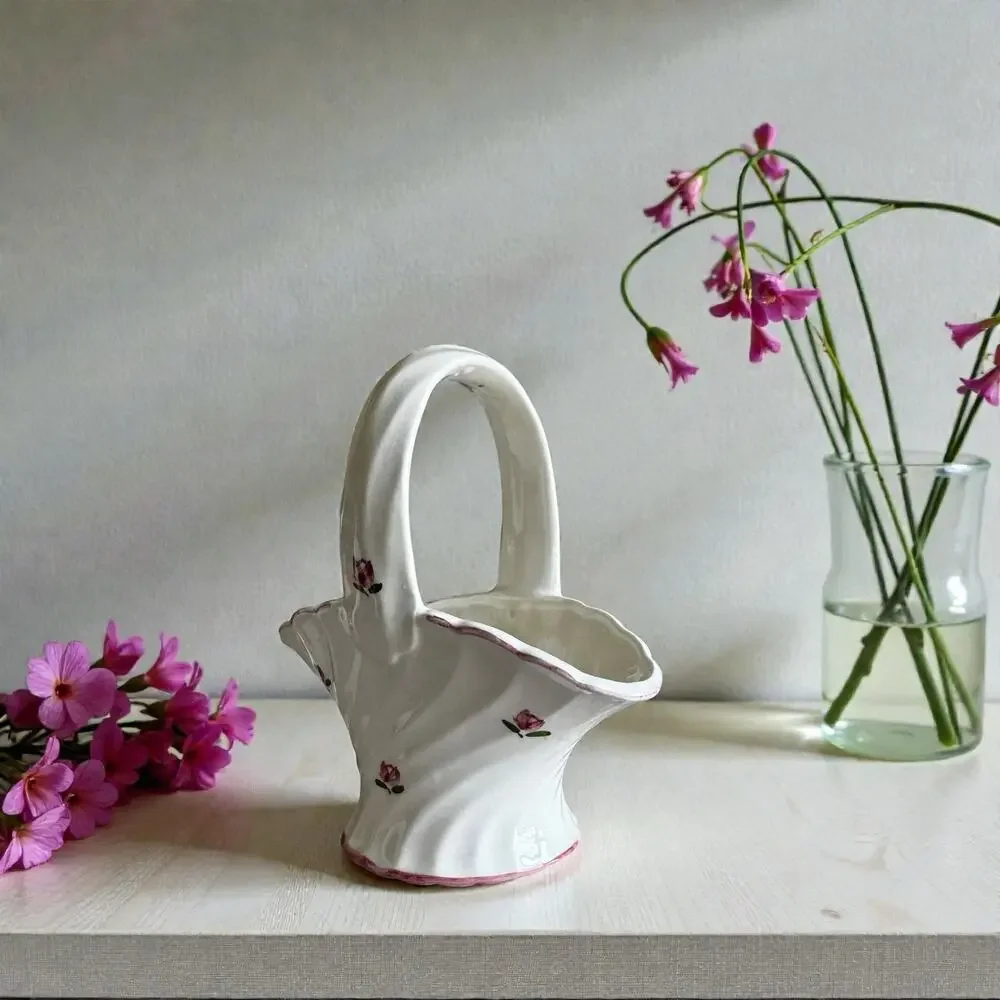 Vintage CMC Japan Ceramic Basket White Hand-Painted Pink Roses Grandmillennial